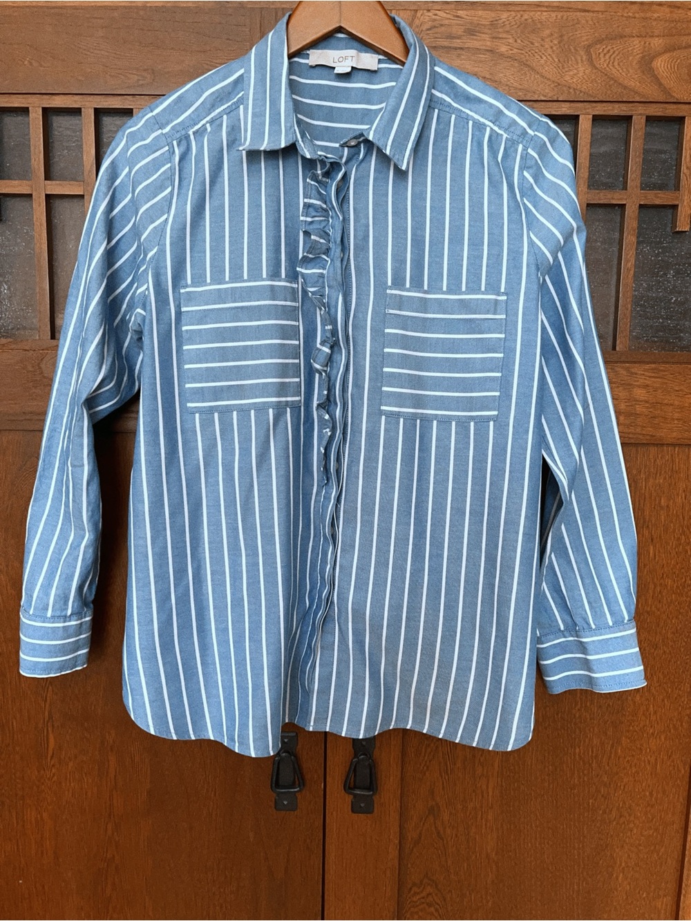 LOFT Blue Stripe Ruffle-Front Women's Blouse
